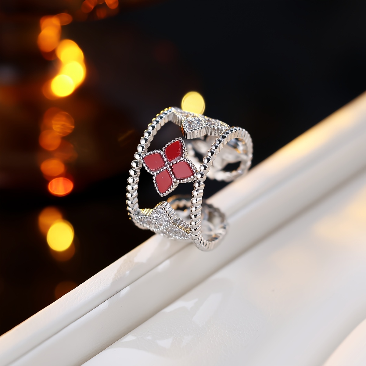 Women's Retro Four-Leaf Clover Open Ring, Unique Design